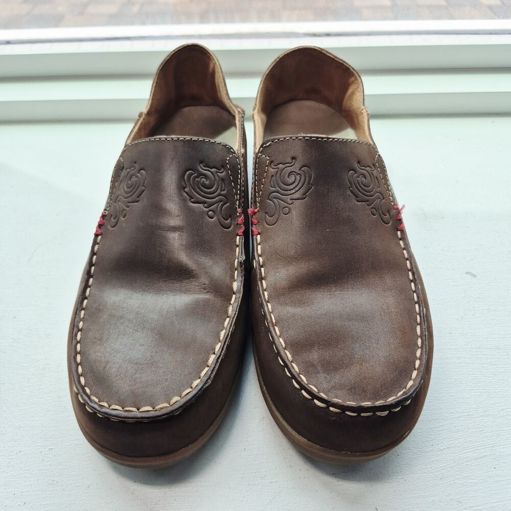 Olukai Nohea Womens Shoes US 10 Nubuck Brown Leather Slip on Loafers Drop Heels - Picture 2 of 9